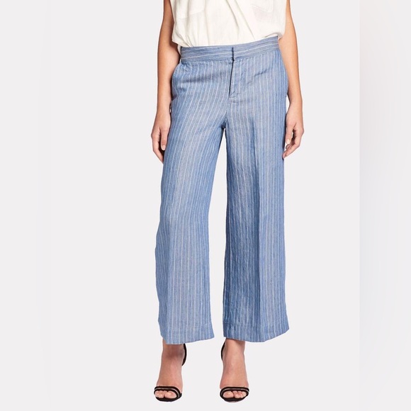 BROCHU WALKER - Landon Linen Cropped Pant in Dume Chambray Stripe Size M - Picture 1 of 8